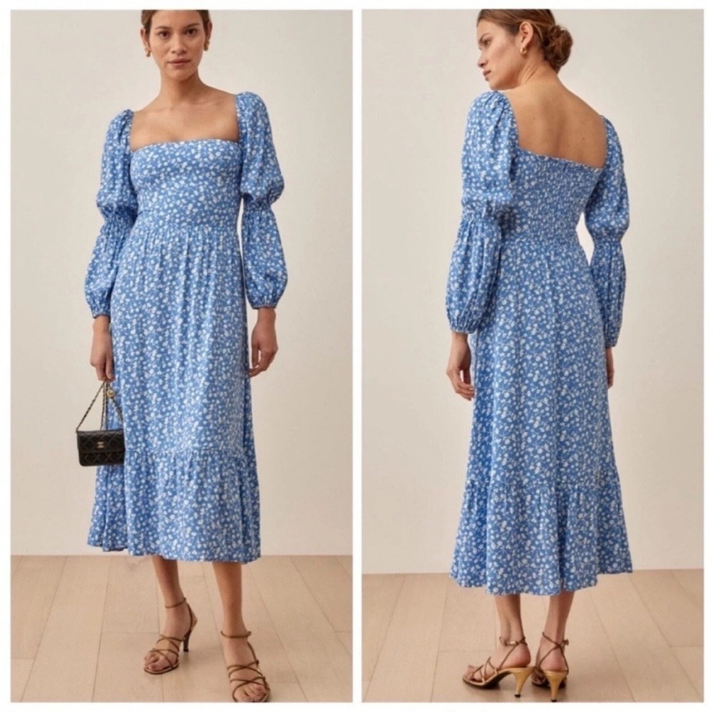 Reformation Mica Floral Print Midi Dress Long Sleeve Square Neck Blue 0 Feminine